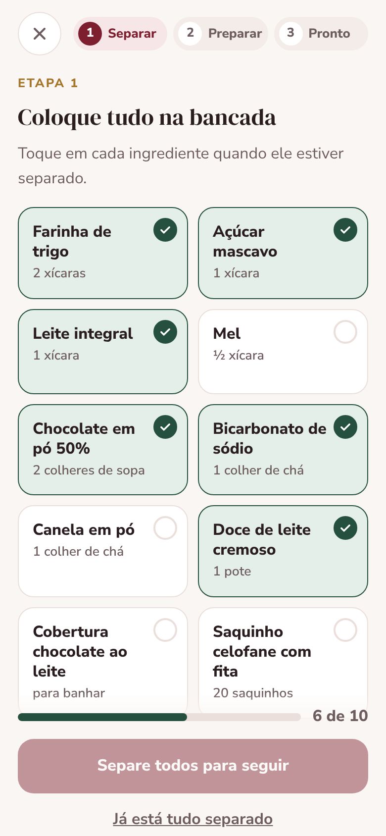 Receita interativa: ingredientes marcados na bancada